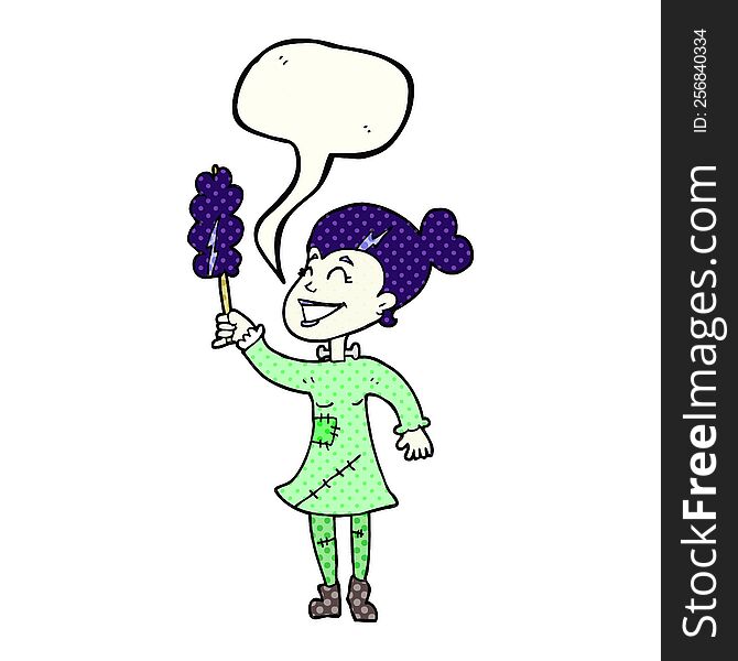 freehand drawn comic book speech bubble cartoon undead monster lady cleaning