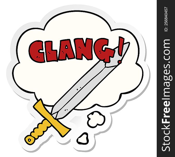 cartoon clanging sword with thought bubble as a printed sticker
