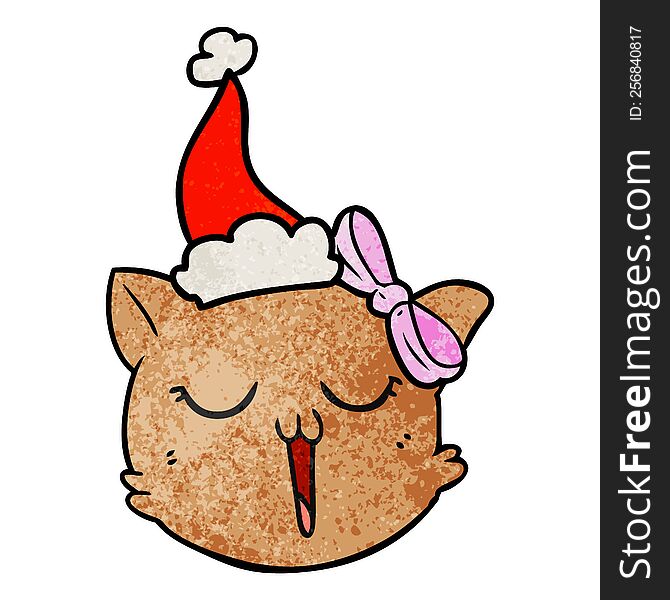 hand drawn textured cartoon of a cat face wearing santa hat