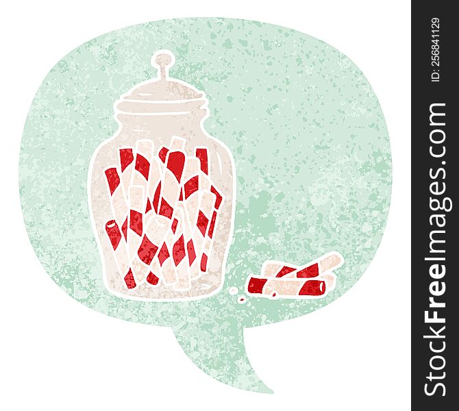 cartoon jar of candy and speech bubble in retro textured style