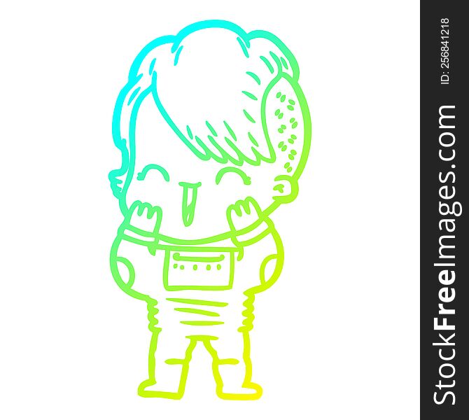 Cold Gradient Line Drawing Cartoon Happy Hipster Girl Wearing Space Suit