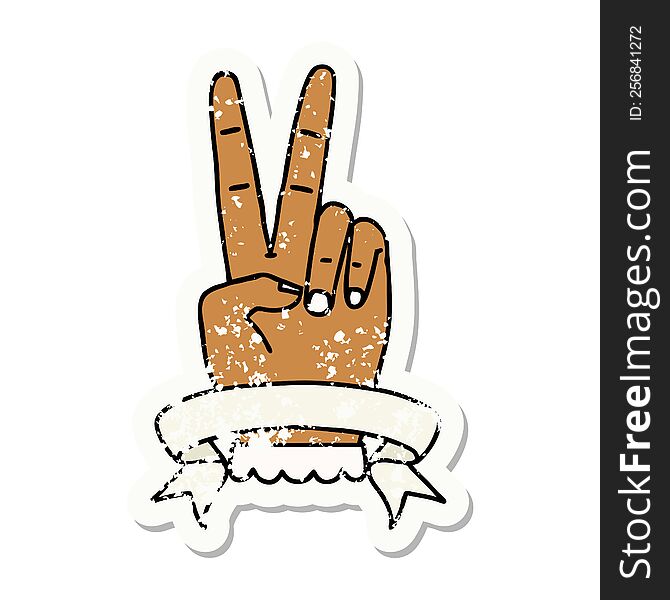 grunge sticker of a peace two finger hand gesture with banner. grunge sticker of a peace two finger hand gesture with banner