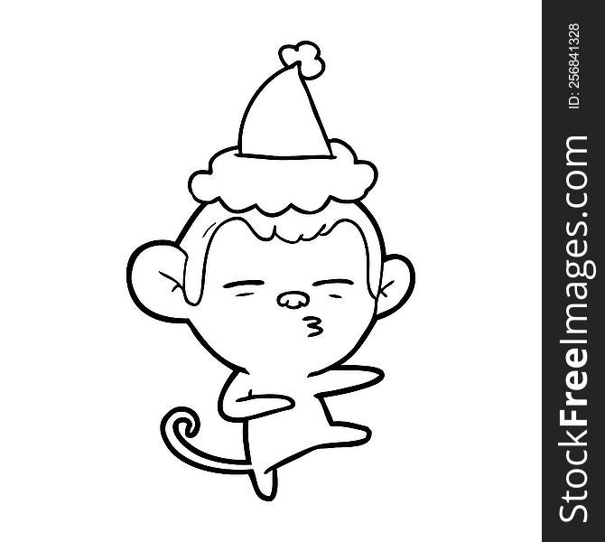 hand drawn line drawing of a suspicious monkey wearing santa hat