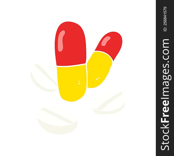 Flat Color Illustration Of A Cartoon Pills