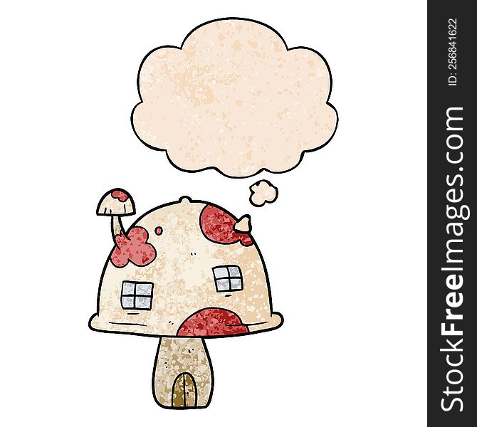Cartoon Mushroom House And Thought Bubble In Grunge Texture Pattern Style