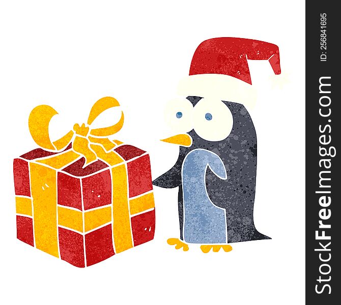 freehand drawn retro cartoon christmas penguin with present