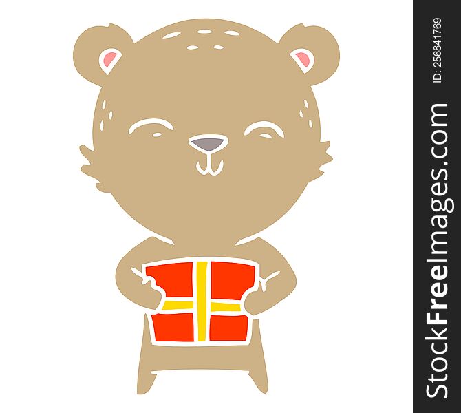 Happy Flat Color Style Cartoon Bear With Gift