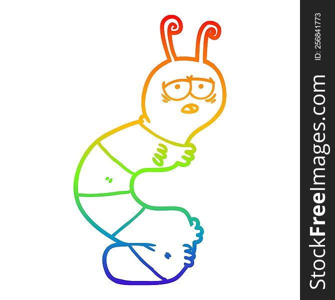 rainbow gradient line drawing of a cartoon tired caterpillar