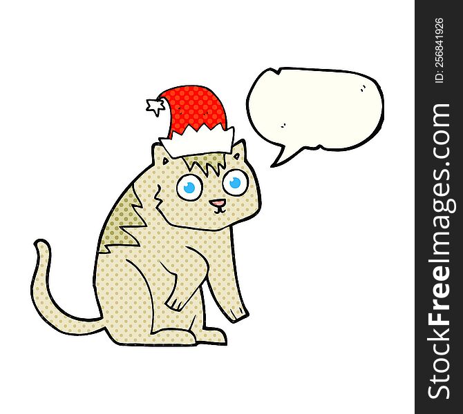Comic Book Speech Bubble Cartoon Cat Wearing Christmas Hat