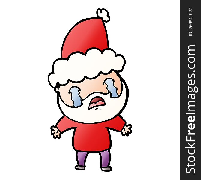 Gradient Cartoon Of A Bearded Man Crying Wearing Santa Hat