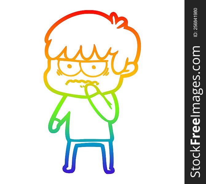 rainbow gradient line drawing of a annoyed cartoon boy
