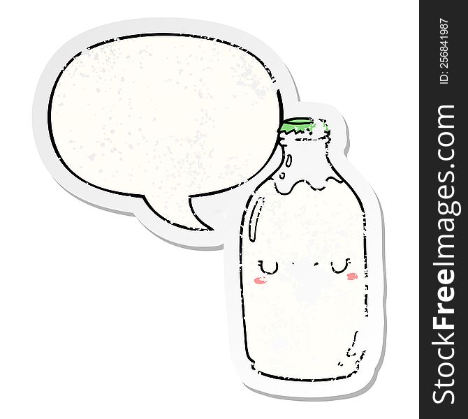 cute cartoon milk bottle with speech bubble distressed distressed old sticker. cute cartoon milk bottle with speech bubble distressed distressed old sticker
