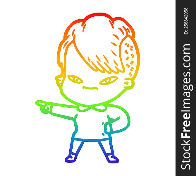 Rainbow Gradient Line Drawing Cute Cartoon Girl With Hipster Haircut