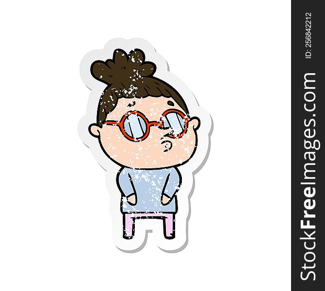 Distressed Sticker Of A Cartoon Woman Wearing Glasses