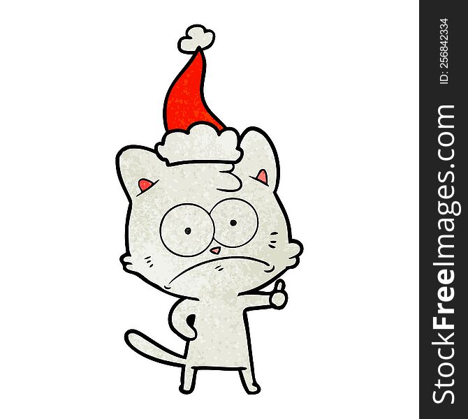 hand drawn textured cartoon of a nervous cat wearing santa hat