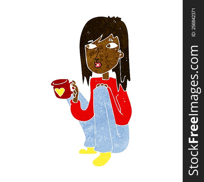 cartoon woman sitting with cup of coffee