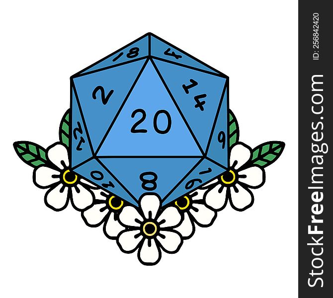 Natural 20 D20 Dice Roll With Floral Elements Illustration