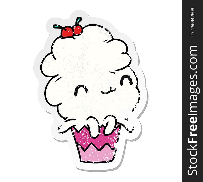distressed sticker cartoon illustration kawaii octopus cupcake. distressed sticker cartoon illustration kawaii octopus cupcake
