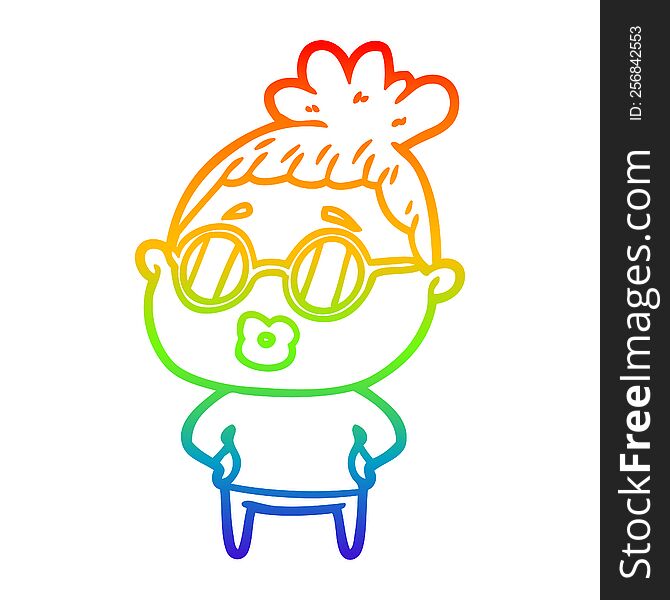 Rainbow Gradient Line Drawing Cartoon Librarian Woman Wearing Spectacles