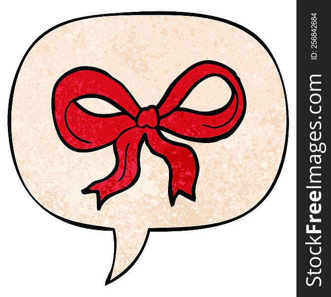 cartoon decorative bow with speech bubble in retro texture style