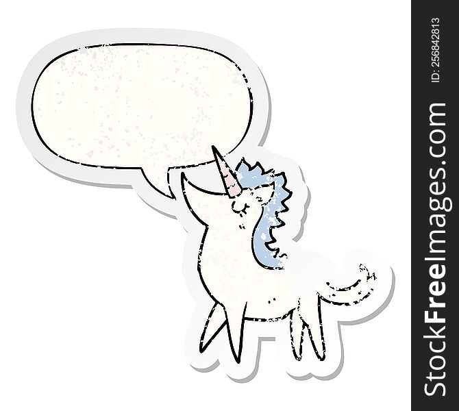 cartoon unicorn with speech bubble distressed distressed old sticker. cartoon unicorn with speech bubble distressed distressed old sticker