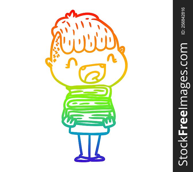 rainbow gradient line drawing of a cartoon happy boy with new books