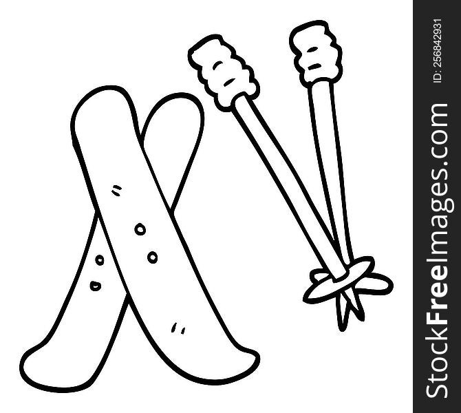 black and white cartoon ski and poles