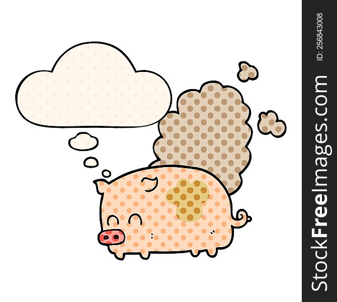 cartoon smelly pig with thought bubble in comic book style
