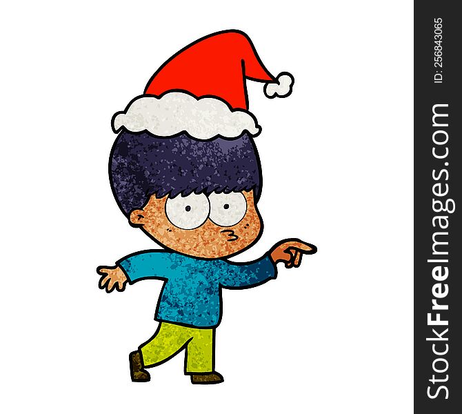 Nervous Textured Cartoon Of A Boy Wearing Santa Hat