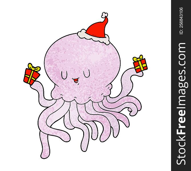 Textured Cartoon Of A Jellyfish In Love Wearing Santa Hat