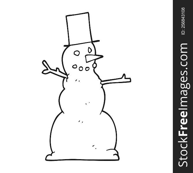 freehand drawn black and white cartoon snowman