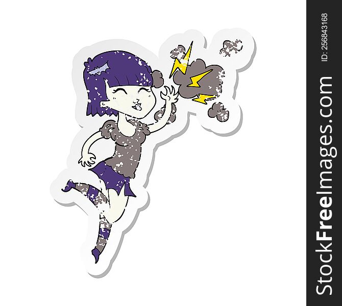 retro distressed sticker of a cartoon vampire girl flying