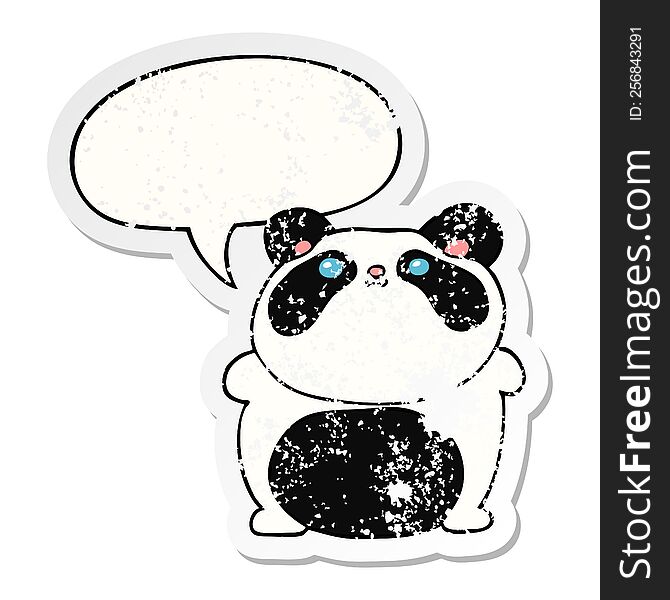 cartoon panda with speech bubble distressed distressed old sticker. cartoon panda with speech bubble distressed distressed old sticker