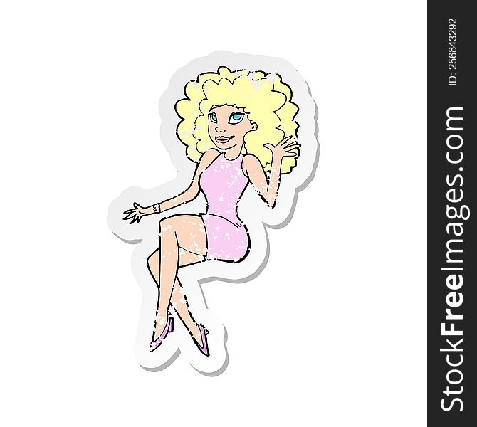 retro distressed sticker of a cartoon sitting woman waving