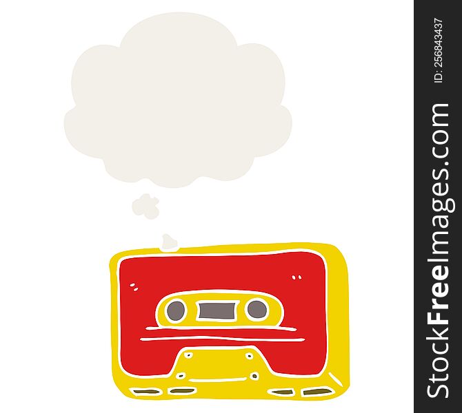 cartoon old tape cassette with thought bubble in retro style