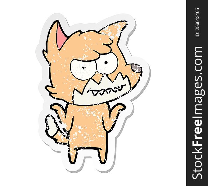 Distressed Sticker Of A Cartoon Grinning Fox