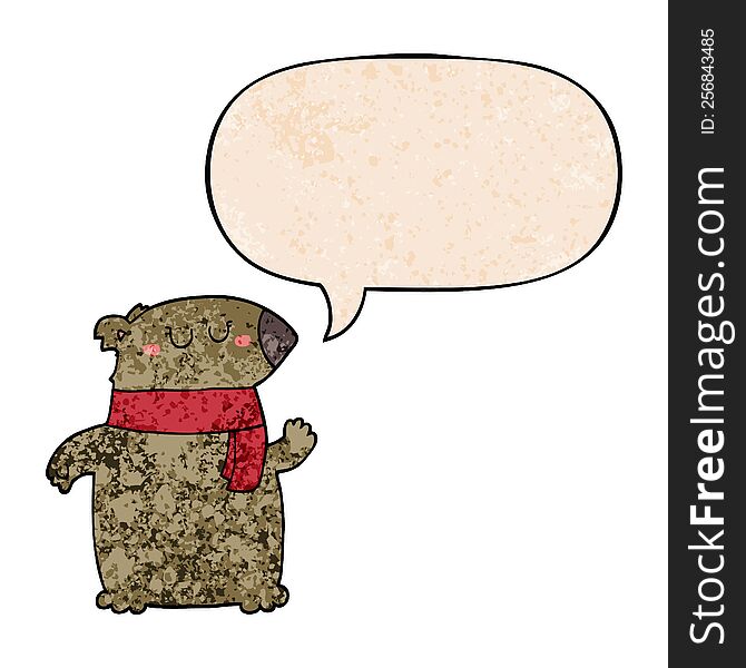 Cartoon Bear And Scarf And Speech Bubble In Retro Texture Style