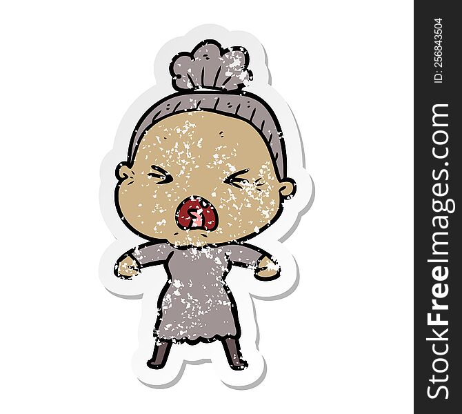 Distressed Sticker Of A Cartoon Angry Old Woman