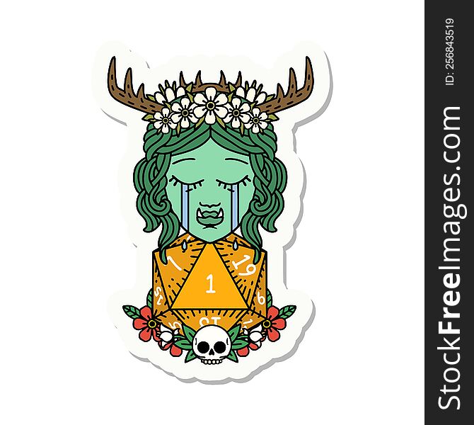 Sad Half Orc Druid Character With Natural One Dice Roll Sticker