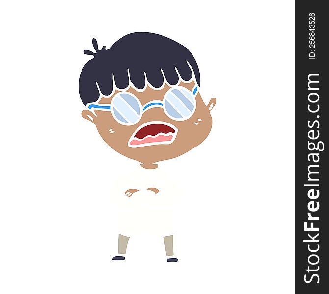 flat color style cartoon boy with crossed arms wearing spectacles