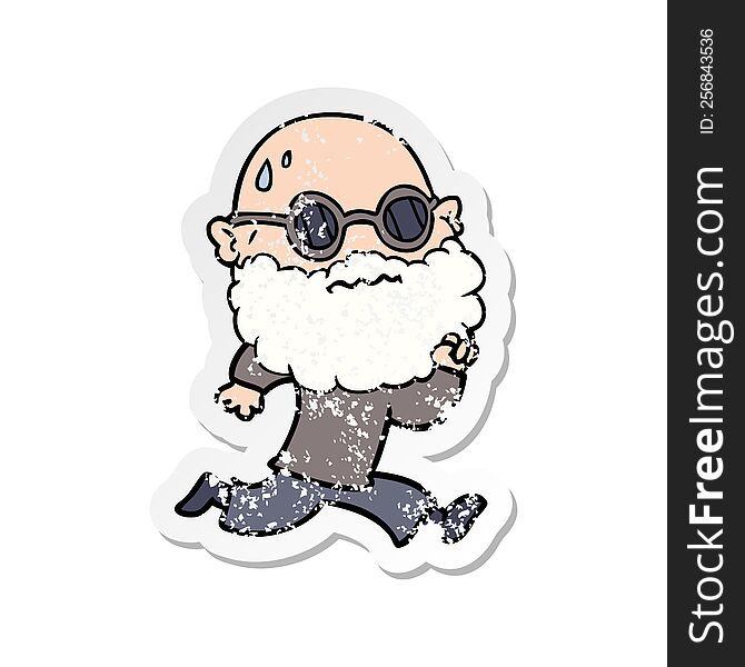 Distressed Sticker Of A Cartoon Running Man With Beard And Sunglasses Sweating