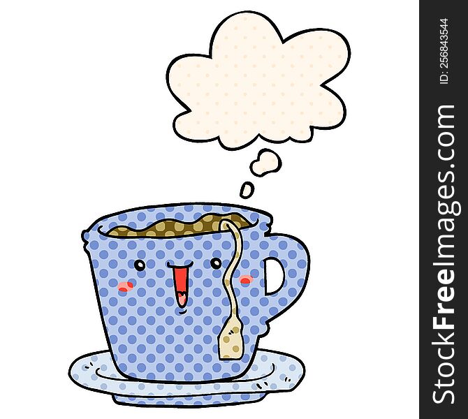 cute cartoon cup and saucer with thought bubble in comic book style
