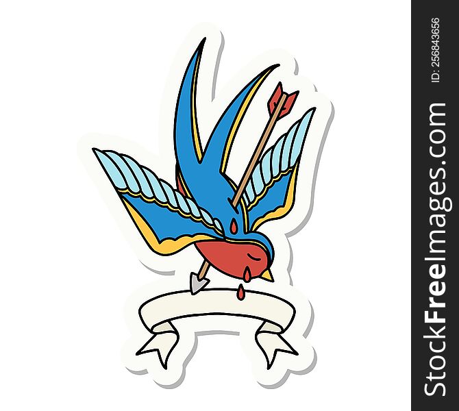 tattoo style sticker with banner of a swallow pierced by arrow