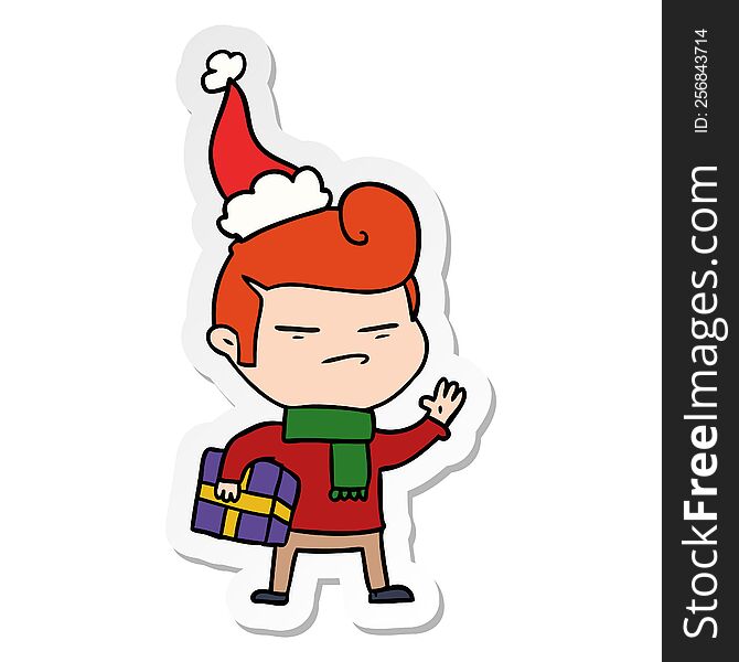 sticker cartoon of a cool guy with fashion hair cut wearing santa hat