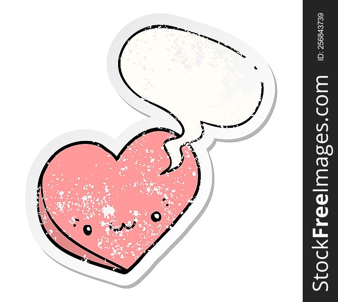 cartoon love heart with face with speech bubble distressed distressed old sticker. cartoon love heart with face with speech bubble distressed distressed old sticker