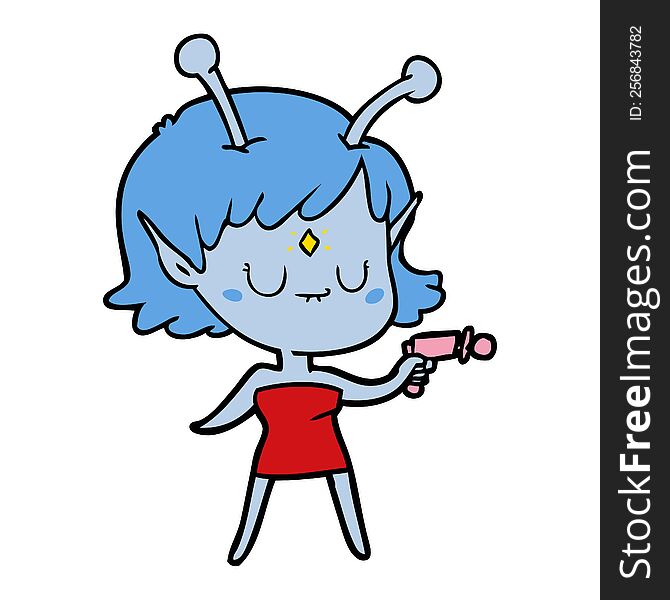 cartoon alien girl with ray gun. cartoon alien girl with ray gun