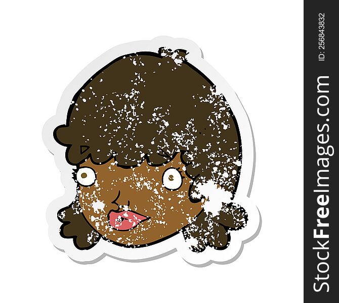 retro distressed sticker of a cartoon female face with surprised expression