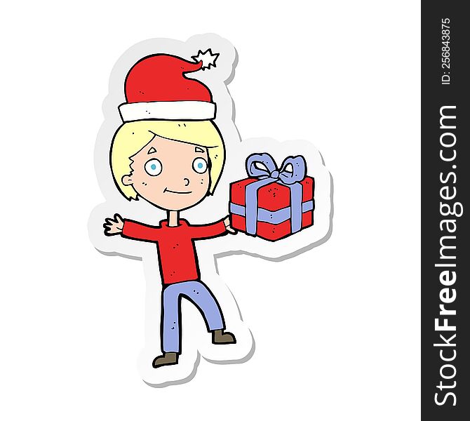 Sticker Of A Cartoon Boy With Present