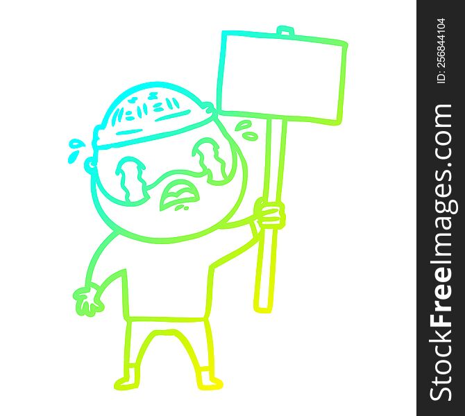 cold gradient line drawing of a cartoon bearded protester crying