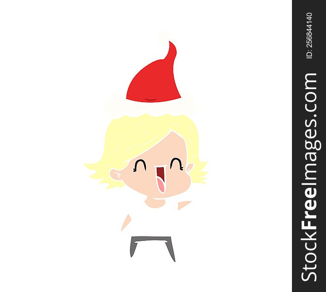 flat color illustration of a happy woman wearing santa hat